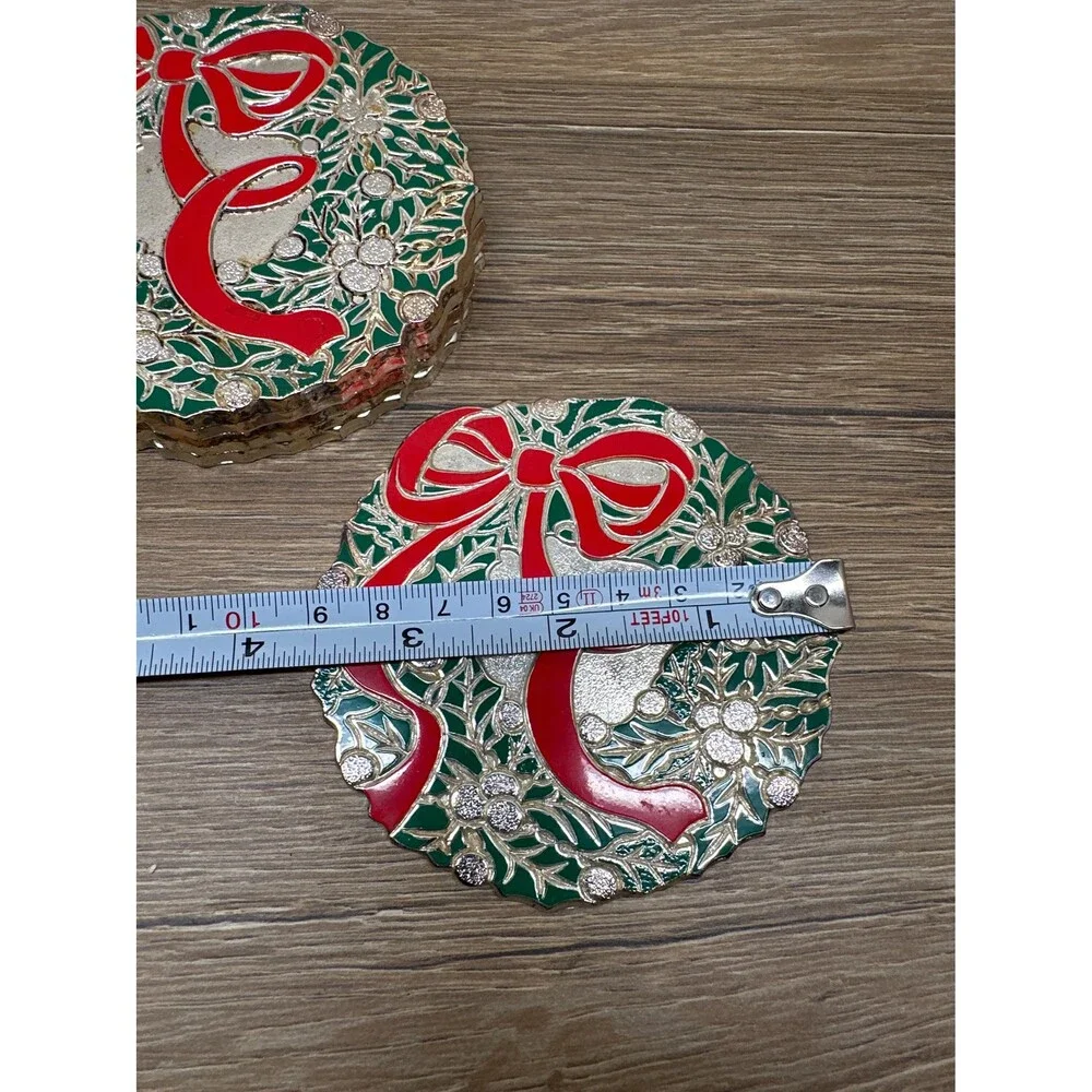 VTG Japan Silver Metal Green Enamel Wreath Red Bow Christmas Coasters Set of 6